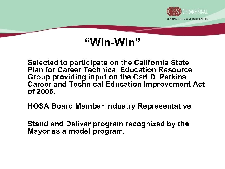 “Win-Win” Selected to participate on the California State Plan for Career Technical Education Resource