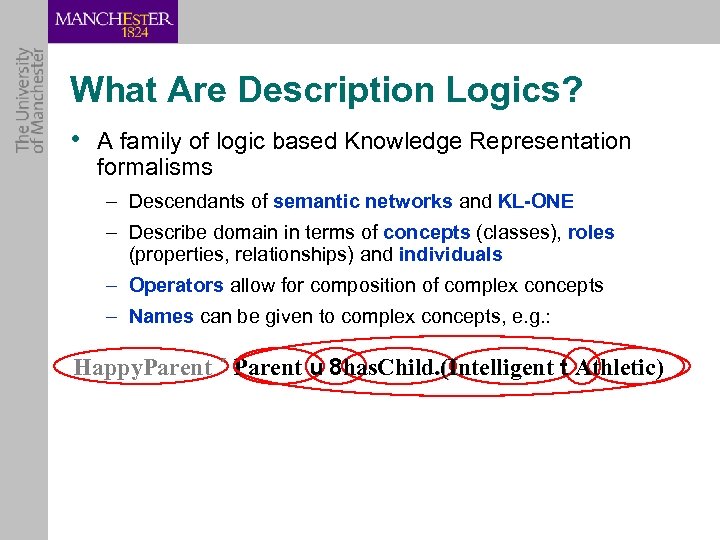 What Are Description Logics? • A family of logic based Knowledge Representation formalisms –