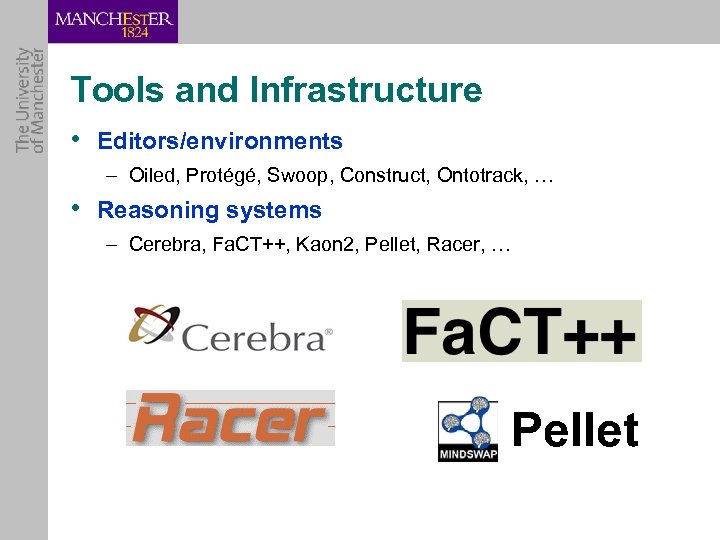 Tools and Infrastructure • Editors/environments – Oiled, Protégé, Swoop, Construct, Ontotrack, … • Reasoning