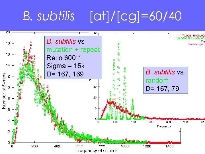 Number of 6 -mers B. subtilis [at]/[cg]=60/40 B. subtilis vs mutation + repeat Ratio