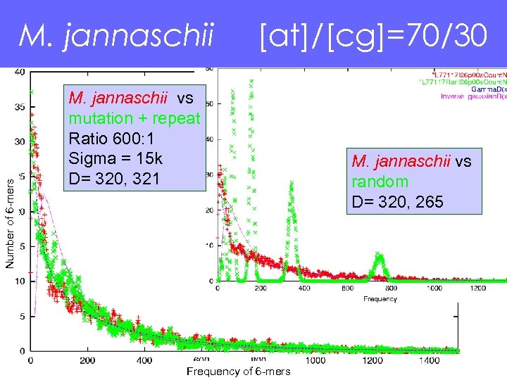 Number of 6 -mers M. jannaschii [at]/[cg]=70/30 M. jannaschii vs mutation + repeat Ratio