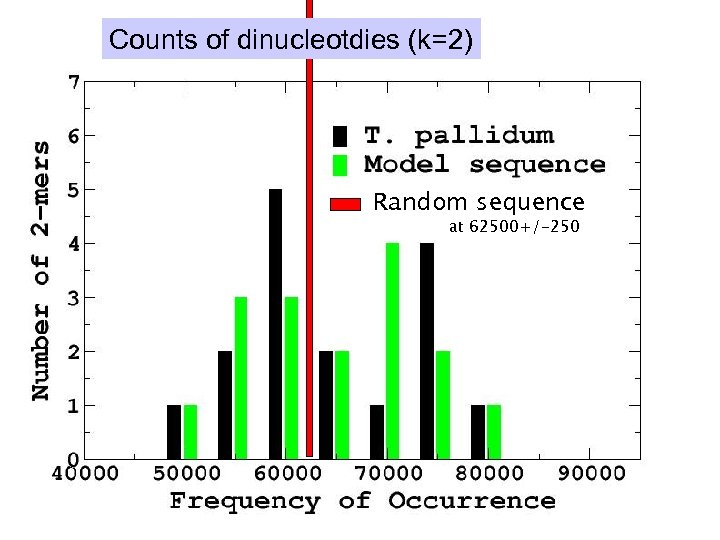 Counts of dinucleotdies (k=2) Random sequence at 62500+/-250 