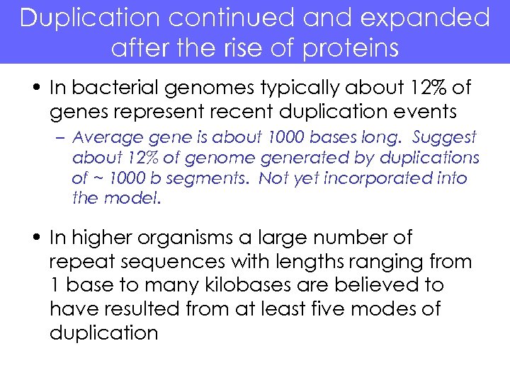 Duplication continued and expanded after the rise of proteins • In bacterial genomes typically