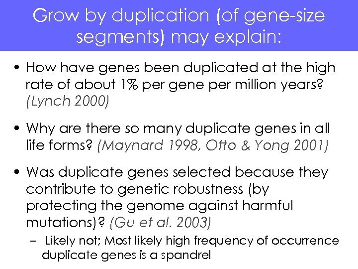 Grow by duplication (of gene-size segments) may explain: • How have genes been duplicated