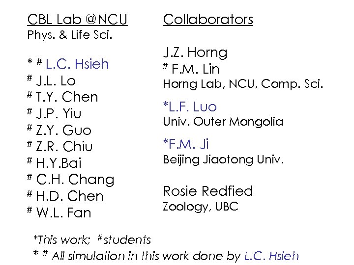 CBL Lab @NCU Collaborators Phys. & Life Sci. * L. C. Hsieh # J.