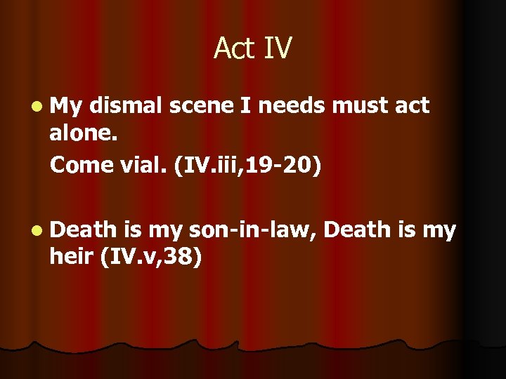 Act IV l My dismal scene I needs must act alone. Come vial. (IV.