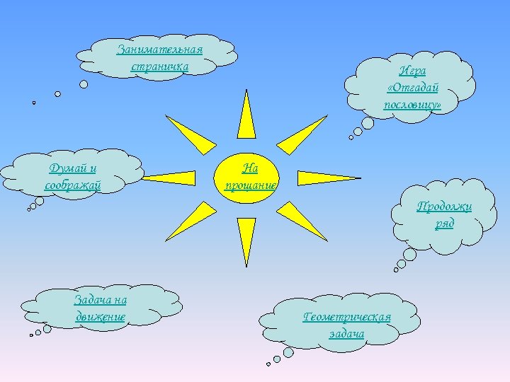 Занимательная страничка Думай и соображай Игра «Отгадай пословицу» На прощание Продолжи ряд Задача на