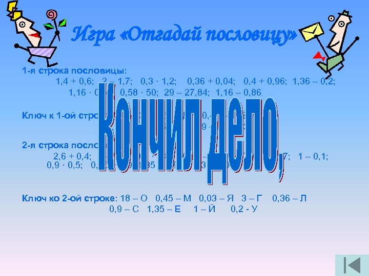 Игра «Отгадай пословицу» 1 -я строка пословицы: 1, 4 + 0, 6; 2 –