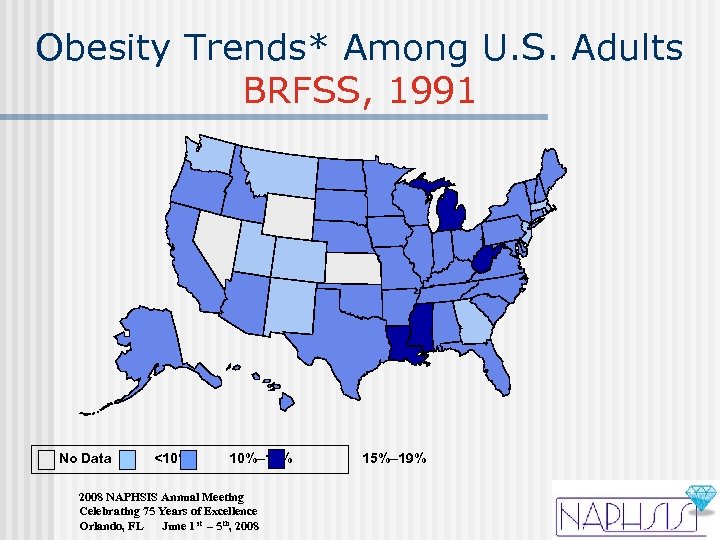 Obesity Trends* Among U. S. Adults BRFSS, 1991 No Data <10% 10%– 14% 2008