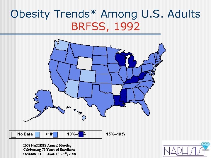 Obesity Trends* Among U. S. Adults BRFSS, 1992 No Data <10% 10%– 14% 2008