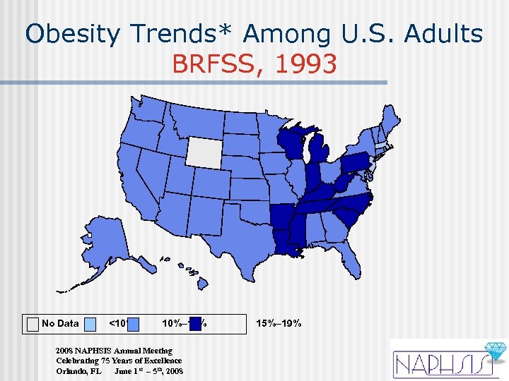 Obesity Trends* Among U. S. Adults BRFSS, 1993 No Data <10% 10%– 14% 2008