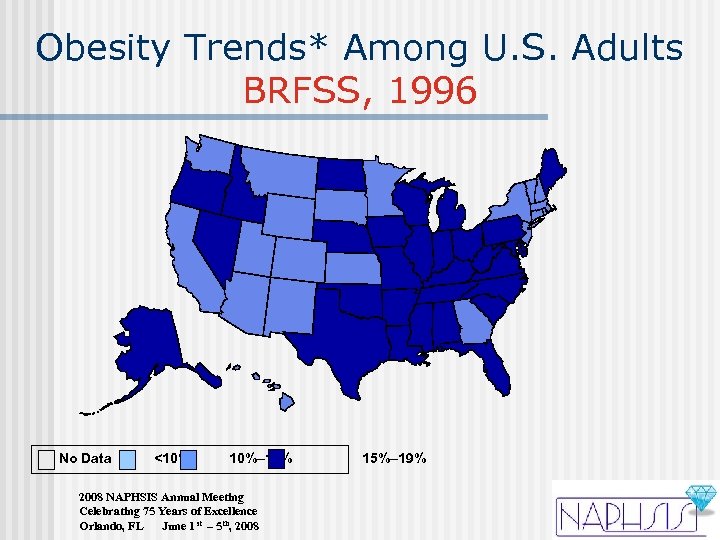 Obesity Trends* Among U. S. Adults BRFSS, 1996 No Data <10% 10%– 14% 2008