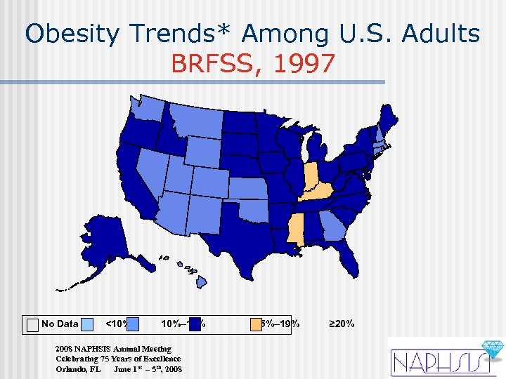 Obesity Trends* Among U. S. Adults BRFSS, 1997 No Data <10% 10%– 14% 2008