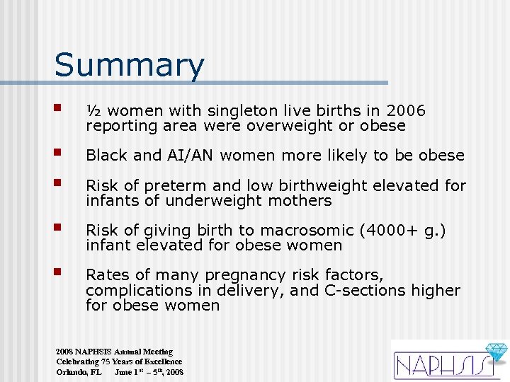 Summary § ½ women with singleton live births in 2006 reporting area were overweight