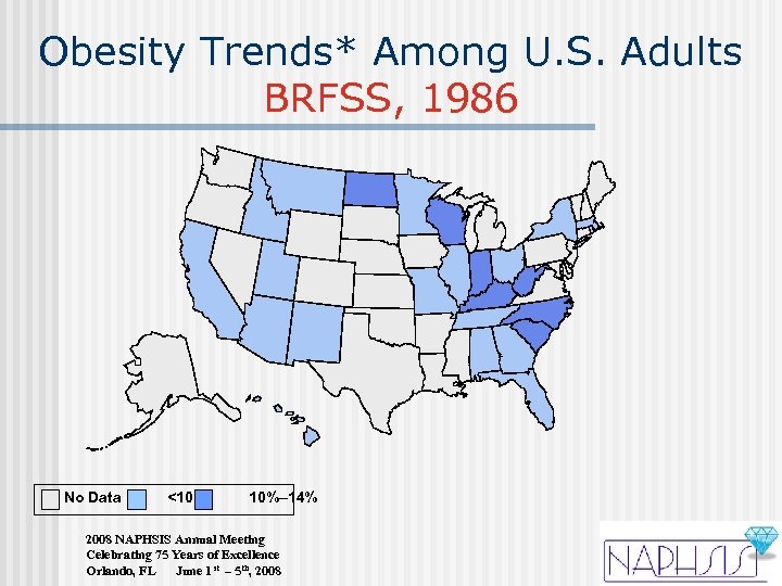 Obesity Trends* Among U. S. Adults BRFSS, 1986 No Data <10% 10%– 14% 2008