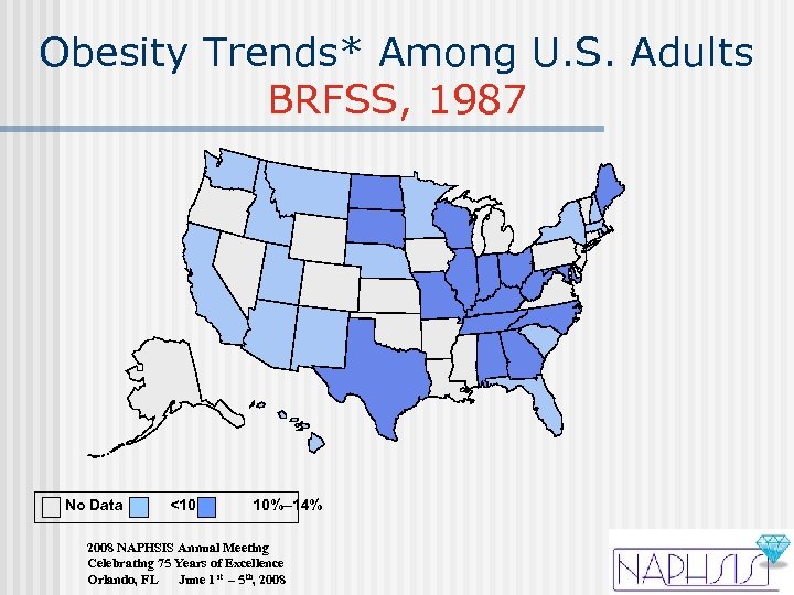 Obesity Trends* Among U. S. Adults BRFSS, 1987 No Data <10% 10%– 14% 2008