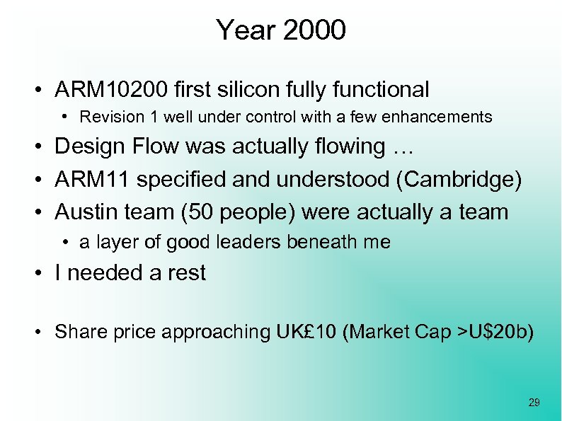 Year 2000 • ARM 10200 first silicon fully functional • Revision 1 well under