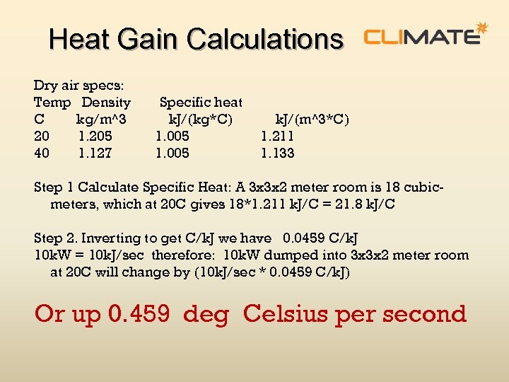 Heat Gain Calculations Dry air specs: Temp Density Specific heat C kg/m^3 k. J/(kg*C)