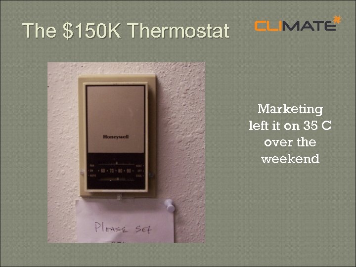 The $150 K Thermostat Marketing left it on 35 C over the weekend 