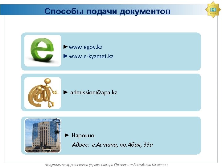 Способы подачи документов ►www. egov. kz ►www. e-kyzmet. kz ► admission@apa. kz ► Нарочно