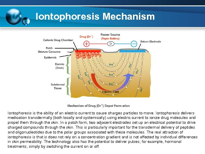 Iontophoresis Mechanism Iontophoresis is the ability of an electric current to cause charges particles