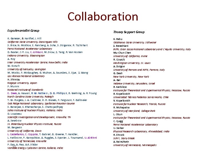 Collaboration Experimentalist Group K. Ganezer, B. Hartfiel, J. Hill California State University, Dominguez Hills