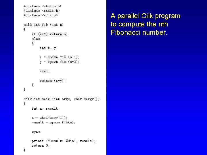 A parallel Cilk program to compute the nth Fibonacci number. 
