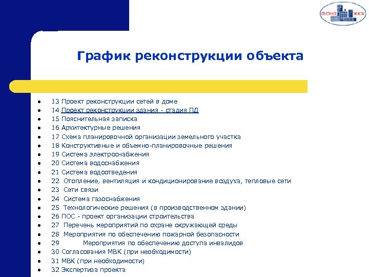 График реконструкции объекта l l l l l 13 Проект реконструкции сетей в доме