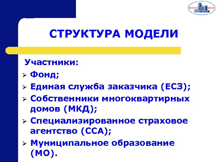  СТРУКТУРА МОДЕЛИ Участники: Ø Фонд; Ø Единая служба заказчика (ЕСЗ); Ø Собственники многоквартирных