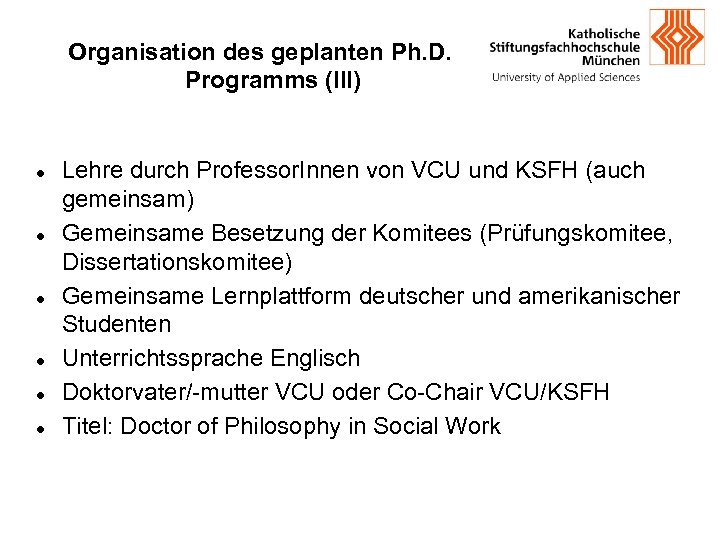 Organisation des geplanten Ph. D. Programms (III) Lehre durch Professor. Innen von VCU und