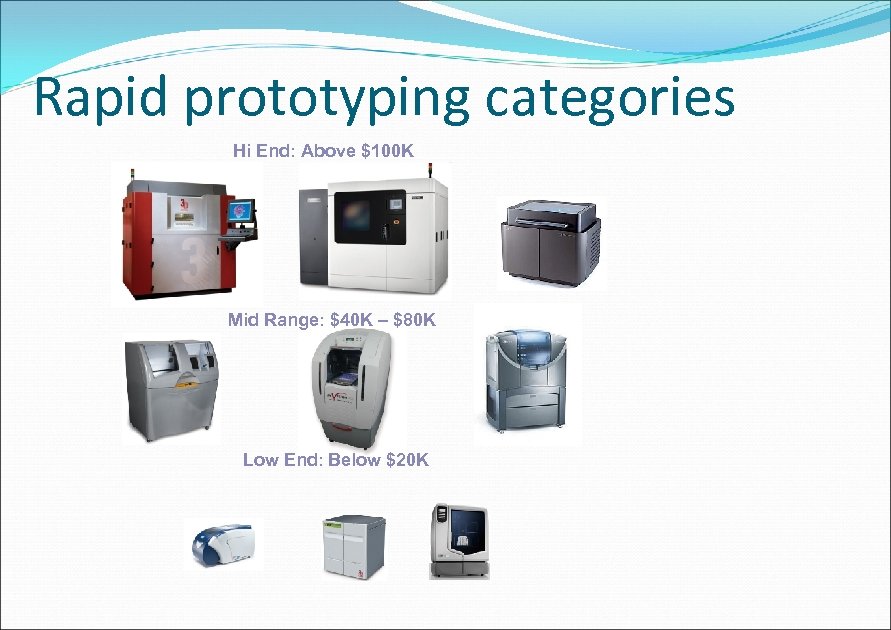 Rapid prototyping categories Hi End: Above $100 K Mid Range: $40 K – $80