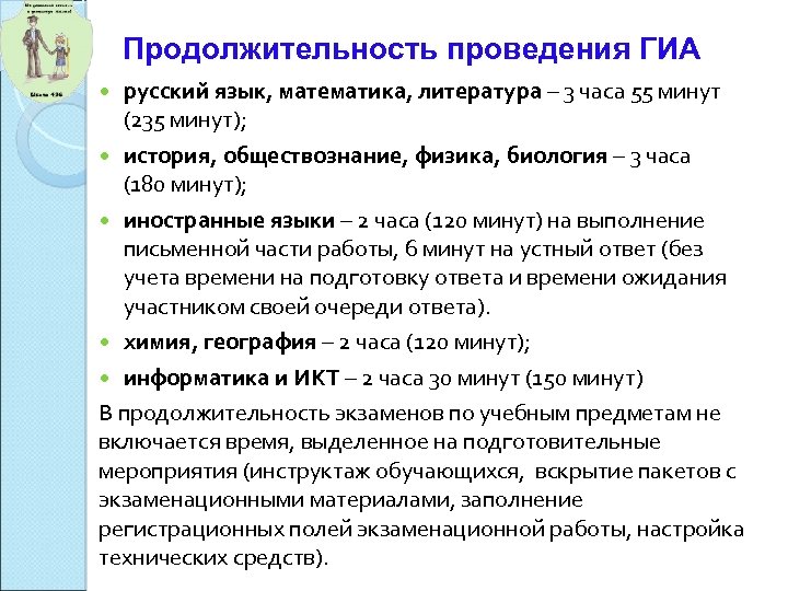 Продолжительность проведения ГИА русский язык, математика, литература – 3 часа 55 минут (235 минут);