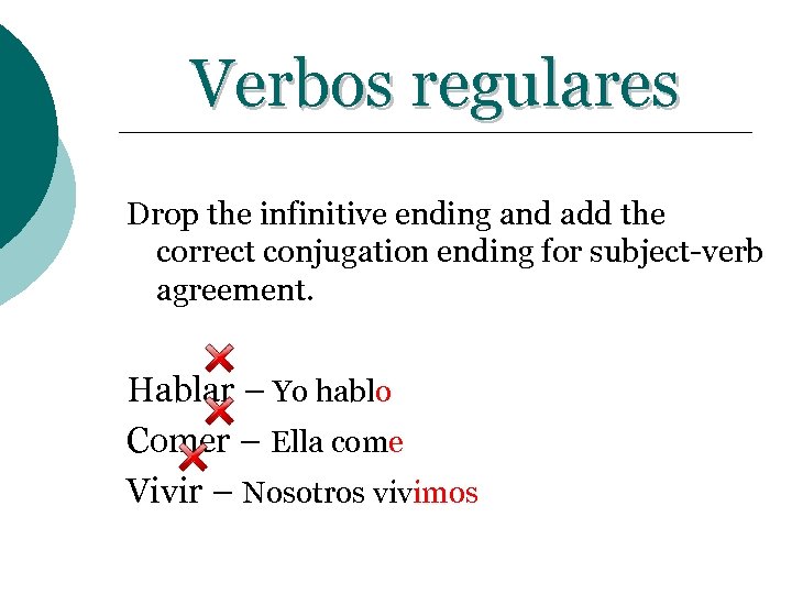 Verbos regulares Drop the infinitive ending and add the correct conjugation ending for subject-verb