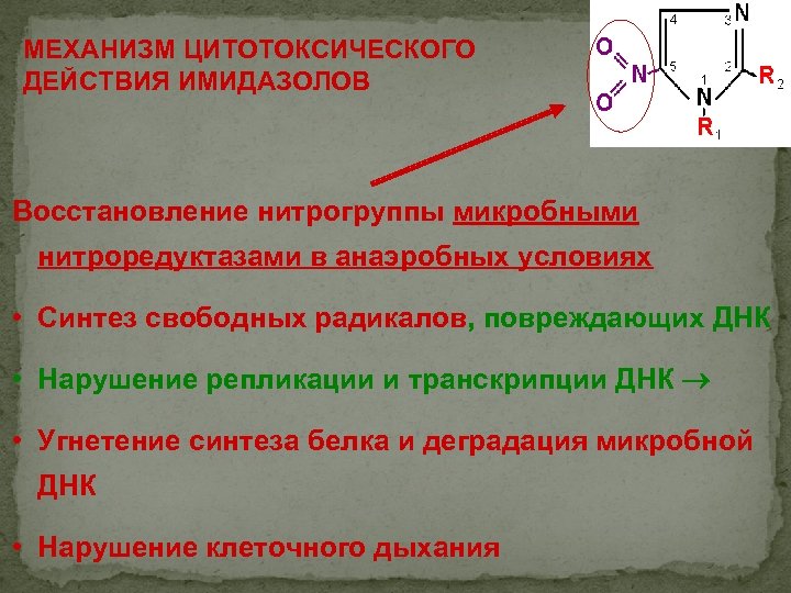 МЕХАНИЗМ ЦИТОТОКСИЧЕСКОГО ДЕЙСТВИЯ ИМИДАЗОЛОВ Восстановление нитрогруппы микробными нитроредуктазами в анаэробных условиях • Синтез свободных