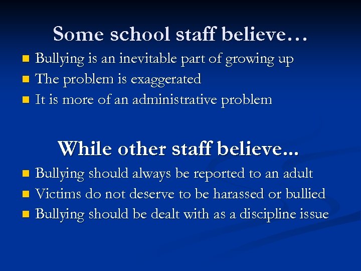 Some school staff believe… n n n Bullying is an inevitable part of growing