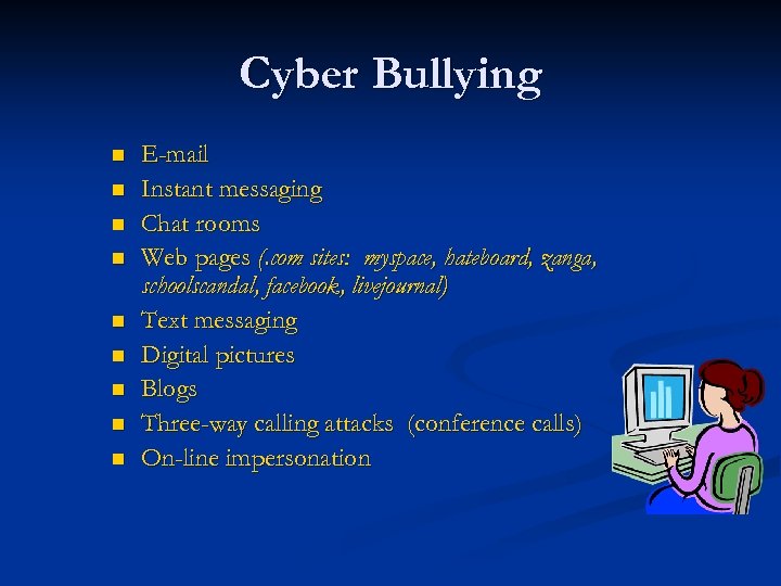 Cyber Bullying n n n n n E-mail Instant messaging Chat rooms Web pages