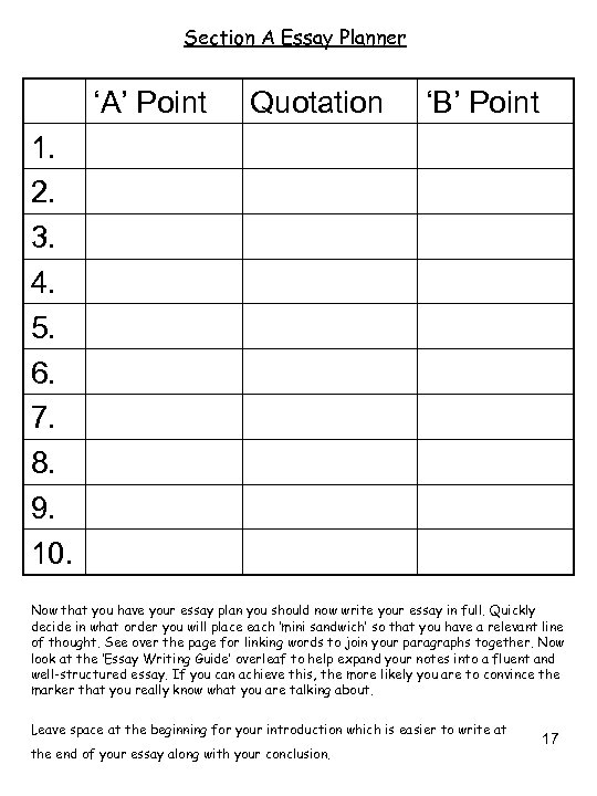 Section A Essay Planner ‘A’ Point Quotation ‘B’ Point 1. 2. 3. 4. 5.