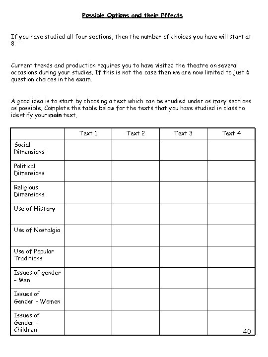 Possible Options and their Effects If you have studied all four sections, then the