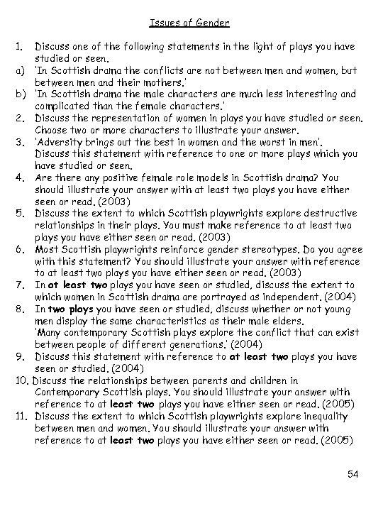 Issues of Gender 1. Discuss one of the following statements in the light of