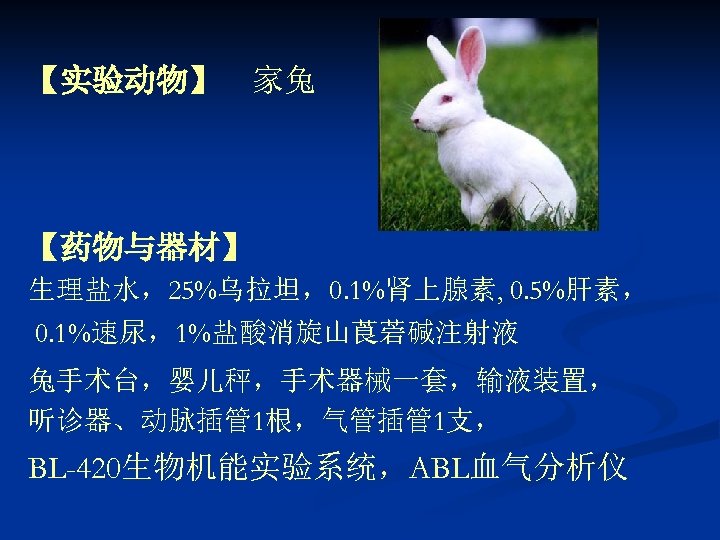 【实验动物】 家兔 【药物与器材】 生理盐水，25%乌拉坦，0. 1%肾上腺素, 0. 5%肝素， 0. 1%速尿，1%盐酸消旋山莨菪碱注射液 兔手术台，婴儿秤，手术器械一套，输液装置， 听诊器、动脉插管 1根，气管插管 1支， BL-420生物机能实验系统，ABL血气分析仪