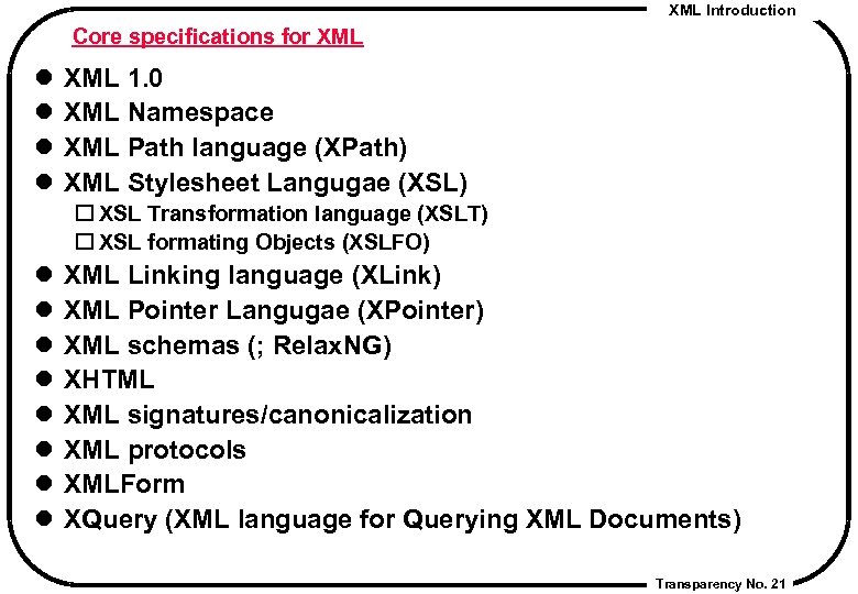 XML Introduction Core specifications for XML l l XML 1. 0 XML Namespace XML