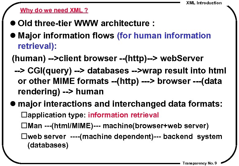 XML Introduction Why do we need XML ? l Old three-tier WWW architecture :