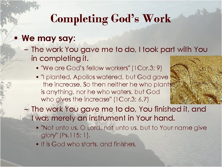 Completing God’s Work • We may say: – The work You gave me to