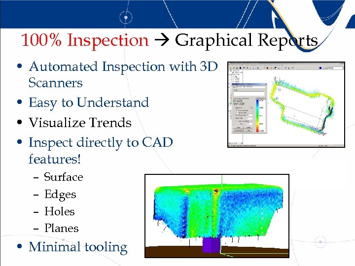 100% Inspection Graphical Reports • Automated Inspection with 3 D Scanners • Easy to