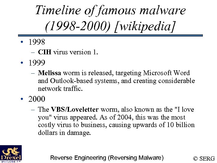 Timeline of famous malware (1998 -2000) [wikipedia] • 1998 – CIH virus version 1.