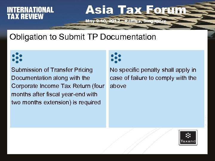 Asia Tax Forum May 9 -10, 2012 – Raffles, Singapore Obligation to Submit TP