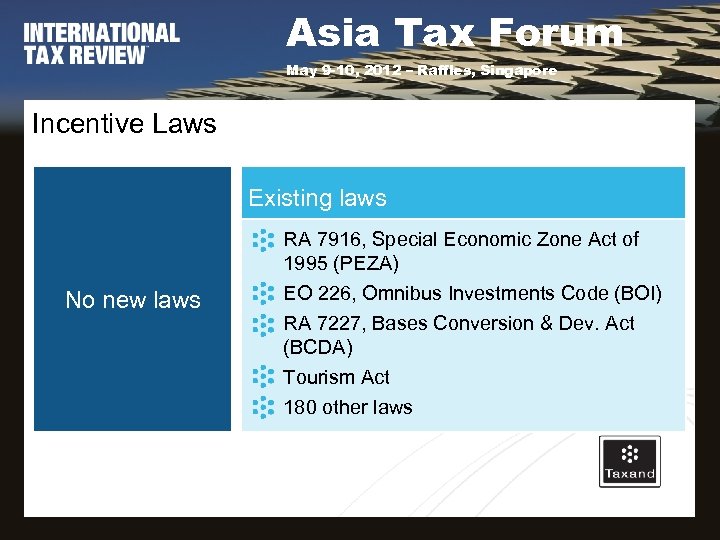 Asia Tax Forum May 9 -10, 2012 – Raffles, Singapore Incentive Laws Existing laws