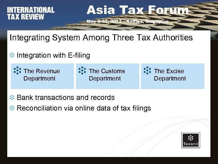 Asia Tax Forum May 9 -10, 2012 – Raffles, Singapore Integrating System Among Three