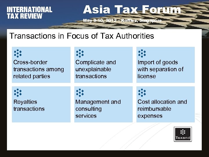 Asia Tax Forum May 9 -10, 2012 – Raffles, Singapore Transactions in Focus of