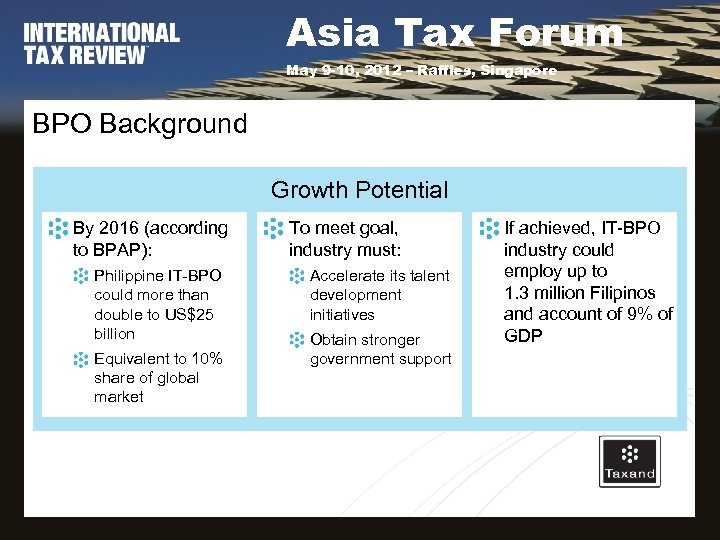 Asia Tax Forum May 9 -10, 2012 – Raffles, Singapore BPO Background Growth Potential